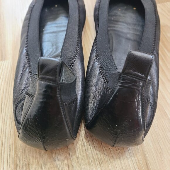 Chanel Ballet Flats 37.5 CC Logos Black Patent Cap Toe Pink Shine Elastic Trim - Picture 4 of 10